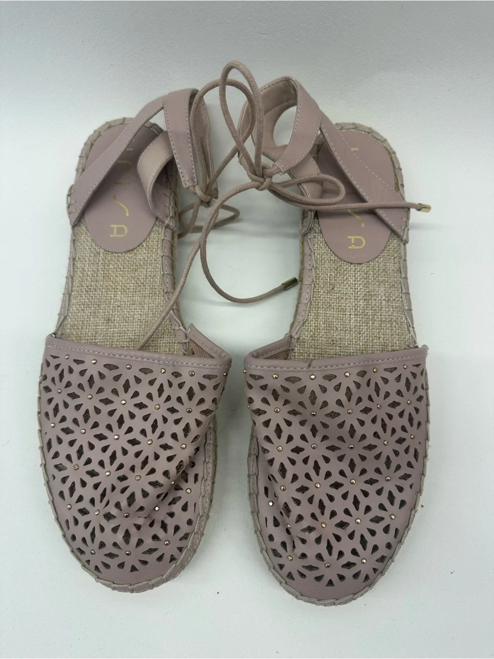 Unisa Lace-Up Laser-Cut Espadrille Sandals in Dusty Rose